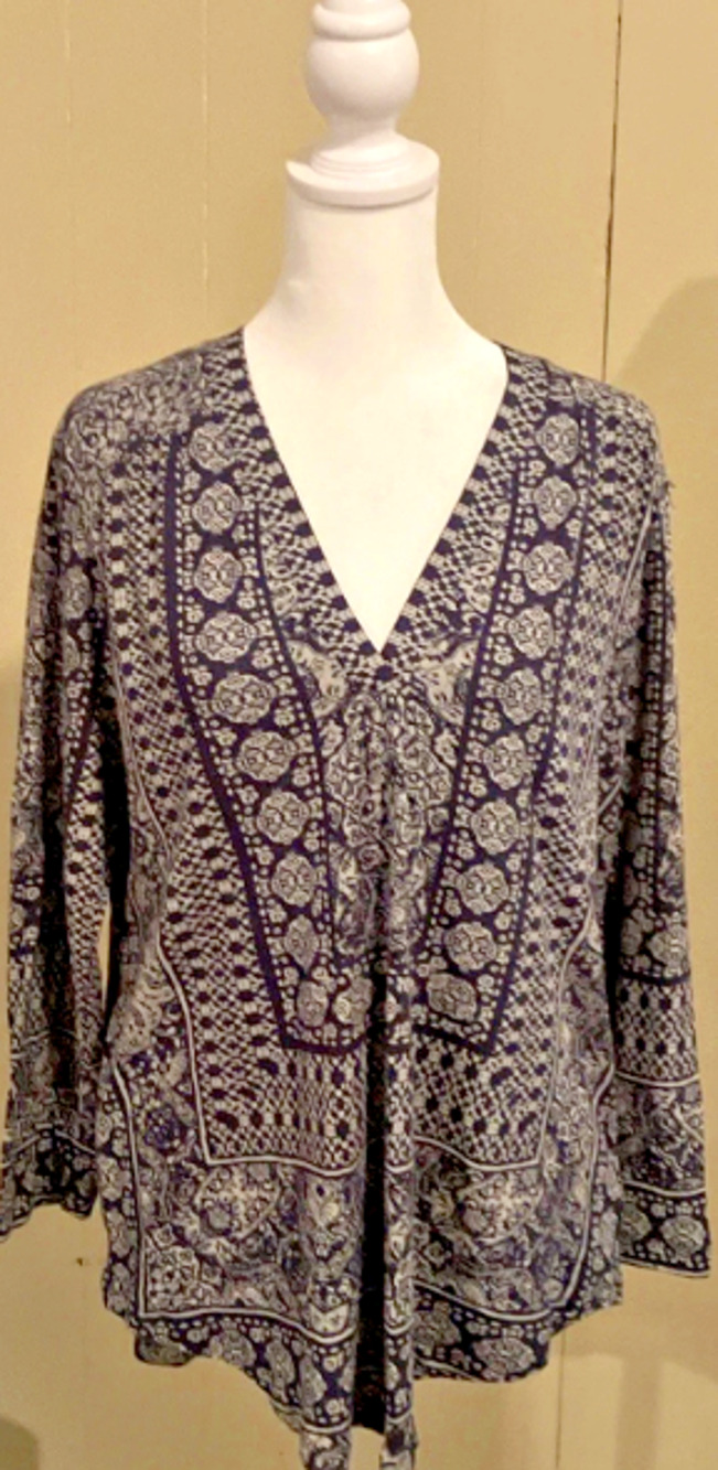 Lucky Brand Boho Border Print Tunic Top – Black/White V-Neck – Women's M 4-8
